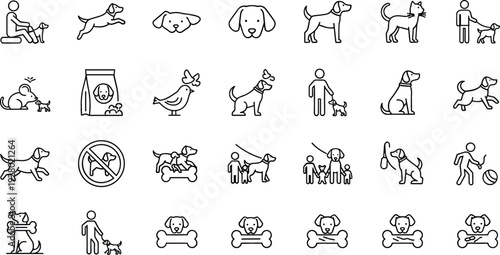Dog Care and Training Line Icon Set with Walking, Feeding, Grooming, Veterinary and Pet Activity Symbols Vector Collection