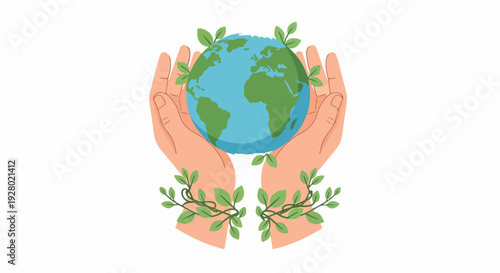 Illustration of hands cradling a globe with green leaves, symbolizing environmental care and protection against a clean white background.