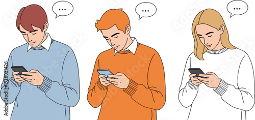 Three people using smartphones texting messages, modern digital communication lifestyle illustration showing social media chatting, mobile addiction and online interaction concept