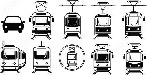 tram and train front view icon set public transport metro railway silhouette vector urban transit symbol collection illustration design