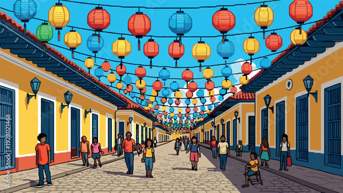 colorful street view with hanging lanterns and people walking in a digital hand drawn style urban scene