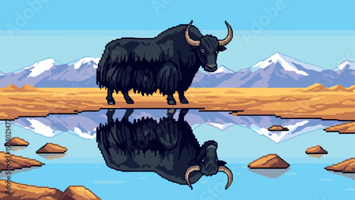 pixel art yak standing near water reflecting snowy mountains landscape