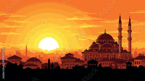 sunset cityscape with mosque silhouette and minarets in warm orange tones digital illustration