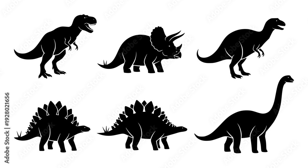 Obraz premium Dinosaur silhouette vector set, black and white, tyrannosaurus rex, triceratops, stegosaurus, brachiosaurus, clean isolated shapes, minimal design
