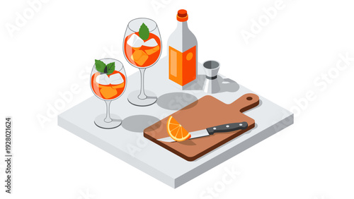 two glasses of orange cocktail with ice and mint with cutting board sliced orange knife bottle and jigger flat vector illustration