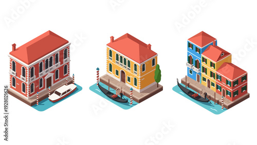 isometric venice canal houses with gondolas and boats hand drawn collection