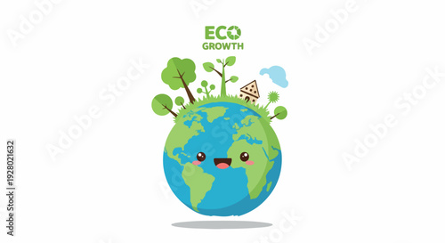 Cartoon illustration of a smiling Earth with green leaves and plants growing out of it, conveying eco growth on a white background.