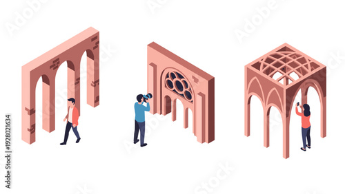 isometric gothic architecture elements with people in hand drawn style for building and photography design