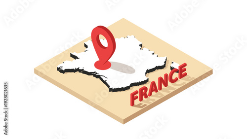 3d isometric map of France with red location pin and text in modern flat illustration