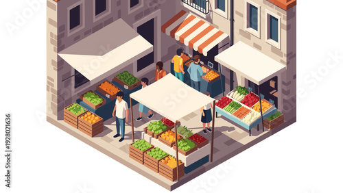 isometric open air fruit and vegetable market with people shopping in vector style illustration