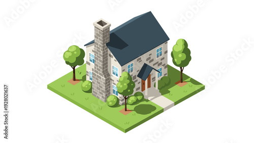 isometric stone house with blue roof and surrounding trees hand drawn illustration