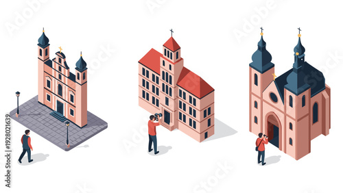 isometric set of European churches with tourists and photographers in flat style