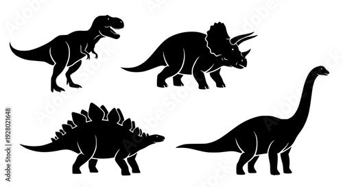 Dinosaur silhouette vector set, black and white, tyrannosaurus rex, triceratops, stegosaurus, brachiosaurus, clean isolated shapes, minimal design