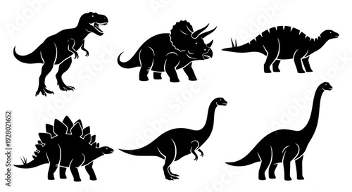 Dinosaur silhouette vector set, black and white, tyrannosaurus rex, triceratops, stegosaurus, brachiosaurus, clean isolated shapes, minimal design