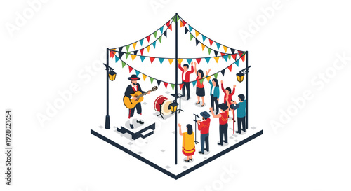 isometric mexican mariachi musician playing guitar with dancing crowd and colorful party flags in hand drawn style