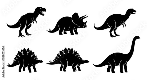 Dinosaur silhouette vector set, black and white, tyrannosaurus rex, triceratops, stegosaurus, brachiosaurus, clean isolated shapes, minimal design