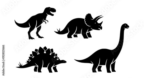 Dinosaur silhouette vector set, black and white, tyrannosaurus rex, triceratops, stegosaurus, brachiosaurus, clean isolated shapes, minimal design