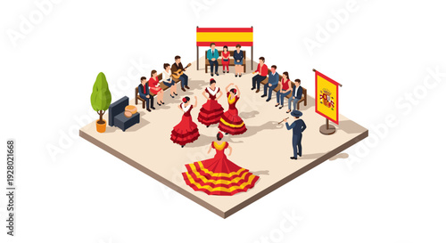 spanish flamenco dancers with guitar players and audience in an isometric style cultural performance scene