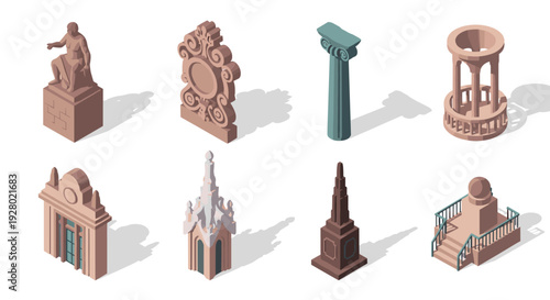 isometric ancient monuments and architectural elements set hand drawn historical sculptures and ruins collection