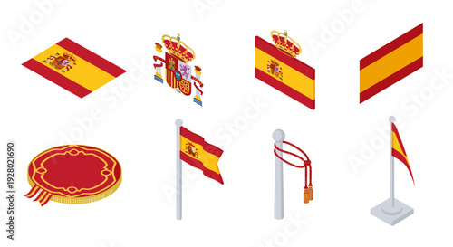 set of isometric spain flags emblems and ceremonial elements in flat style