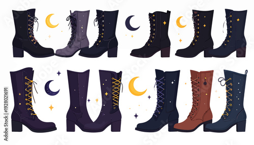 Collection of Various Black Boots with Laces and Decorations.