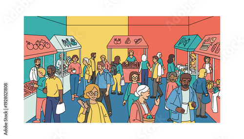Vibrant market scene with diverse people shopping and socializing
