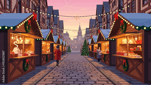 christmas market street with wooden stalls and festive decorations hand drawn illustration