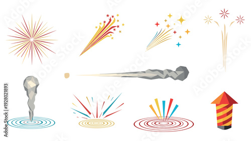 collection of colorful hand drawn fireworks and rocket icons with star bursts and smoke trails