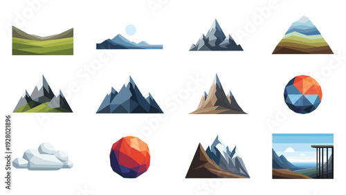 set of polygonal low poly landscapes mountains clouds and geometric shapes collection