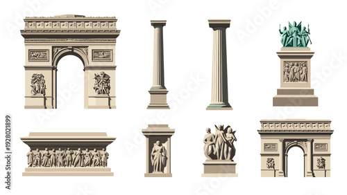 collection of classical architectural elements and sculptures in vector style
