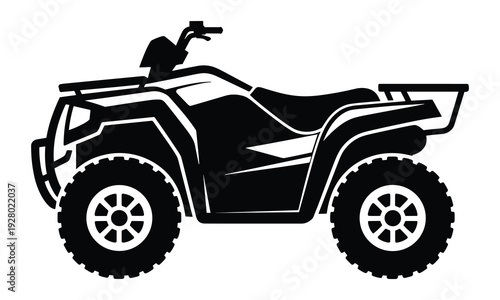 All terrain ATV quad bike silhouette side view isolated on white background, off road four wheeler vehicle icon for transport and adventure design.