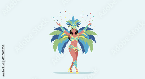 female carnival dancer wearing colorful feather costume throwing confetti hand drawn illustration