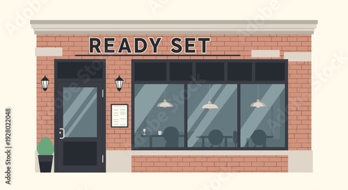 coffee shop storefront facade with large windows brick wall and outdoor plant in flat design