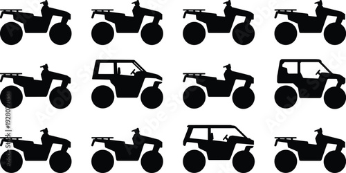 ATV and UTV side by side vehicle silhouettes set, off road quad bike icons collection isolated on white background for transport and adventure design.