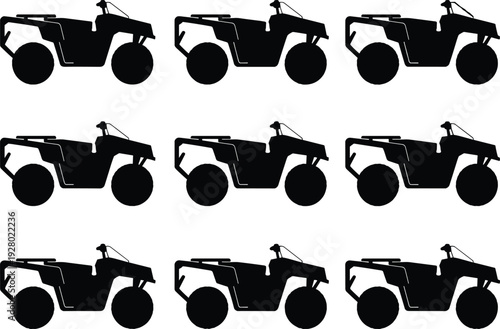 ATV quad bike side view silhouettes collection, all terrain vehicle icon set isolated on white background for transport, motorsport and adventure design.