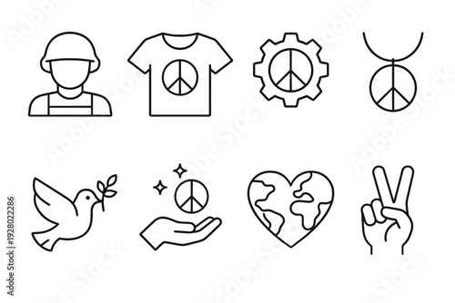 set of hand drawn peace and love line art icons including soldier, t shirt, gear, necklace, dove, hand, earth heart and victory sign