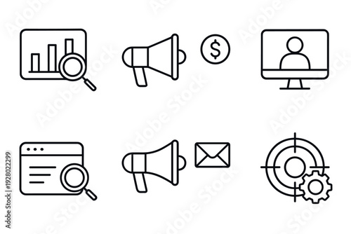 set of digital marketing icons with hand drawn style for analysis promotion targeting and communication