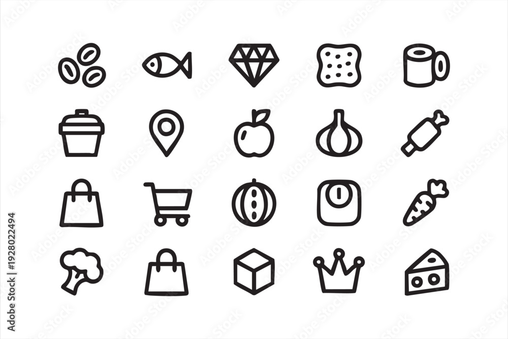 Fototapeta premium Minimal Grocery and Food Outline Icons for Supermarket and Retail Design