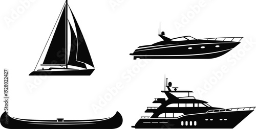 Boat silhouette collection with sailboat speedboat canoe and luxury yacht isolated on white background black vector illustration set