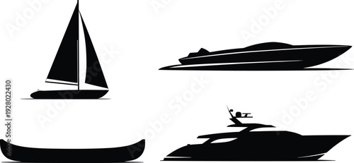 Boat silhouette collection featuring sailboat speedboat canoe and luxury yacht isolated on white background black vector illustration set