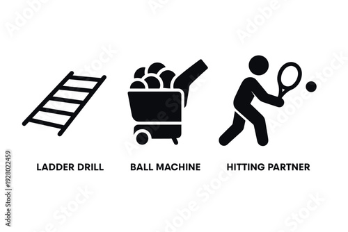 tennis training icons set ladder drill ball machine and hitting partner in black silhouette style