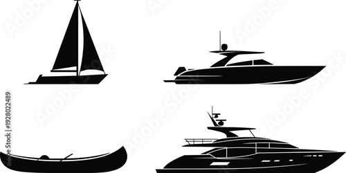 Boat silhouette set with sailboat motor yacht canoe and luxury yacht isolated on white background black vector illustration collection