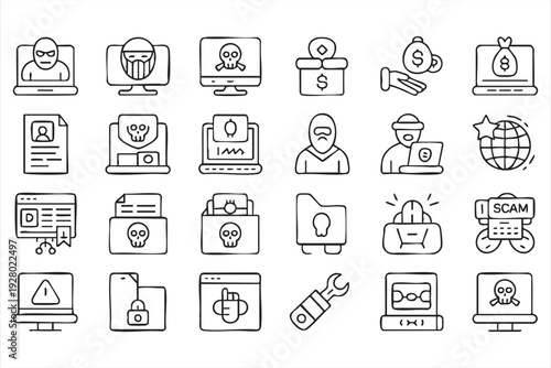 Cyber Attack and Internet Security Outline Icons for Web and App Design