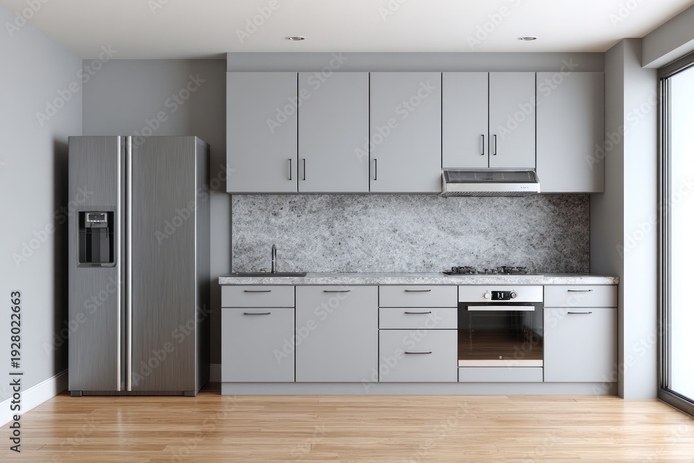 Fototapeta premium Modern gray kitchen features stainless steel refrigerator, cabinets, and appliances.