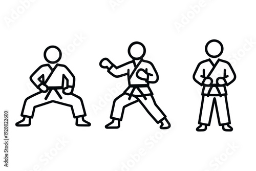 three hand drawn karate fighters in black and white line art collection