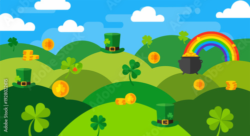 St Patrick's Day Landscape with Rolling Green Hills, Rainbow, Pot of Gold, and Lucky Shamrocks