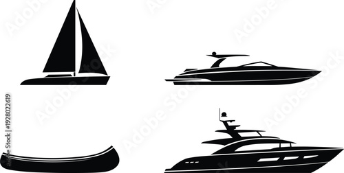 Boat silhouettes collection with sailboat speedboat canoe and luxury yacht isolated on white background black vector illustration set
