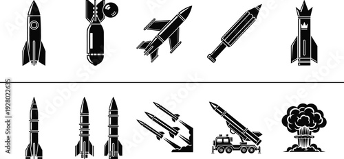 Rocket and Missile Silhouette Icon Set with Ballistic Weapons, Bomb Explosion and Military Defense Vector Collection