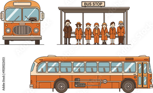 vintage bus stop illustration retro public transport vehicle with passengers waiting urban transit classic city bus vector cartoon style design