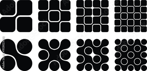 Abstract geometric pattern set featuring black and white square and circle designs for modern branding, backgrounds, textures, and graphic elements
